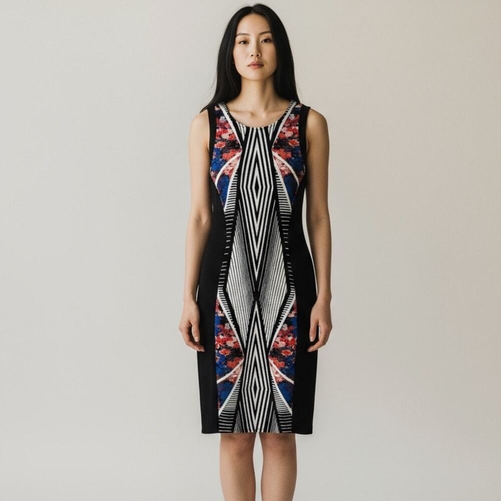 Material Girl Women's XL Optical Printed Sleeveless Bodycon Sheath Dress Black
